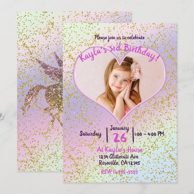 Rainbow Pastel Gold Glitzer Einhorn Foto Party Einladung (Vorne/Hinten)