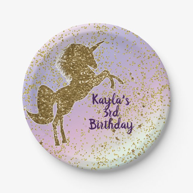 Rainbow Pastel Gold Glitzer Einhorn Sterne Party Pappteller (Vorderseite)