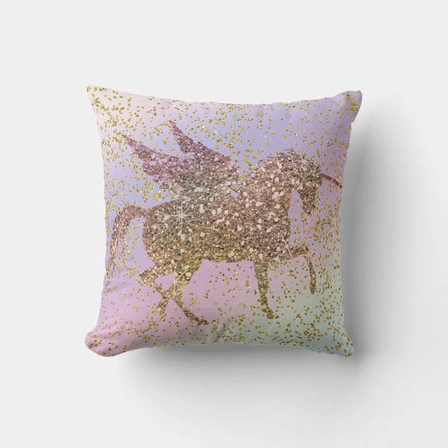 Rainbow Pastel Gold Glitzer Unicorn Kissen (Vorderseite)