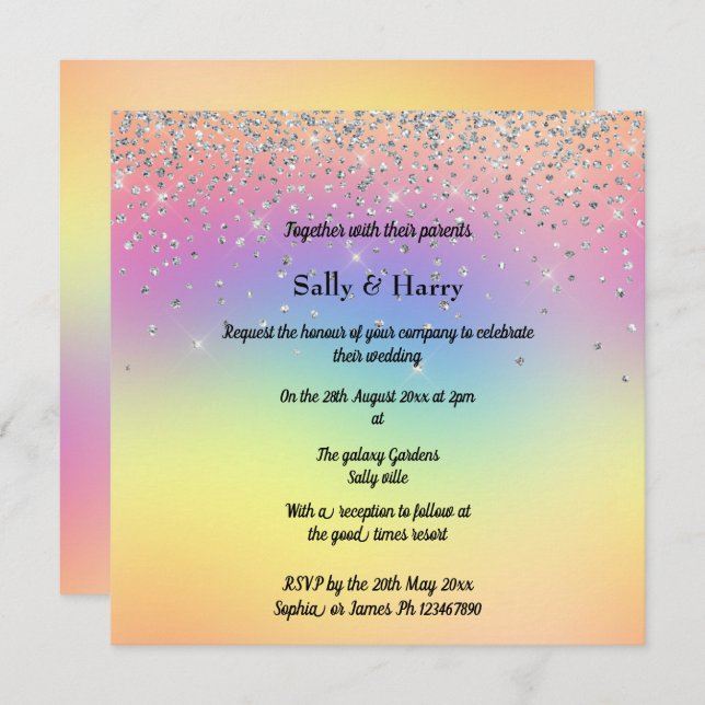 Rainbow Pastel Sparkle Diamond Wedding Einladung (Vorne/Hinten)