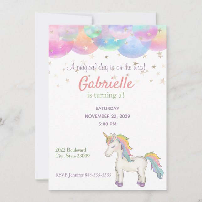 Rainbow Pastel Unicorn Invitation Anniversaire de  (Devant)