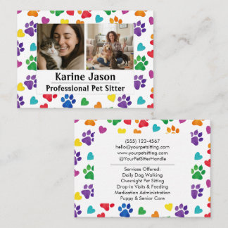 Rainbow Paw Prints  Hearts Customizable Pet Sitter Visitenkarte