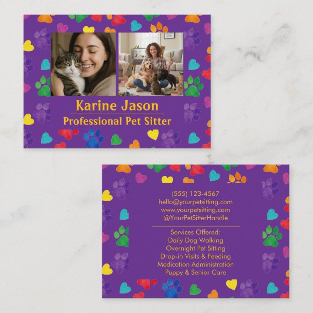 Rainbow Paw Prints  Hearts Customizable Pet Sitter Visitenkarte (Vorne/Hinten)