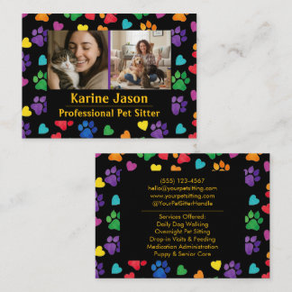 Rainbow Paw Prints  Hearts Customizable Pet Sitter Visitenkarte