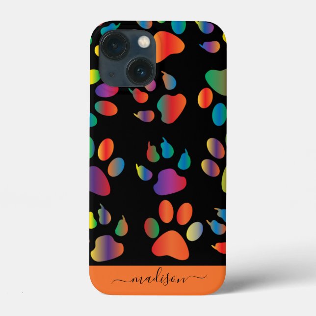 Rainbow Pawprint Muster Personalisierter Name Case-Mate iPhone Hülle (Rückseite)