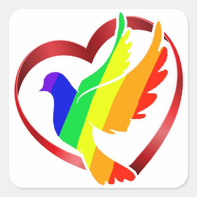 Rainbow Peace Dove in Heart Quadratischer Aufkleber (Vorderseite)
