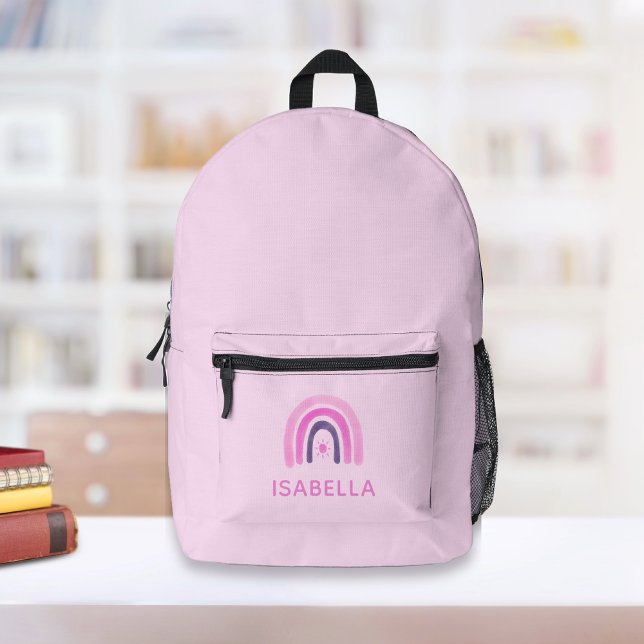 Rainbow Personalisiert Girl School Bedruckter Rucksack (Pink Girl Backpack with a pretty rainbow in purple. Personalized girl school backpack.)