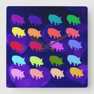 Rainbow Pigs Quadratische Wanduhr