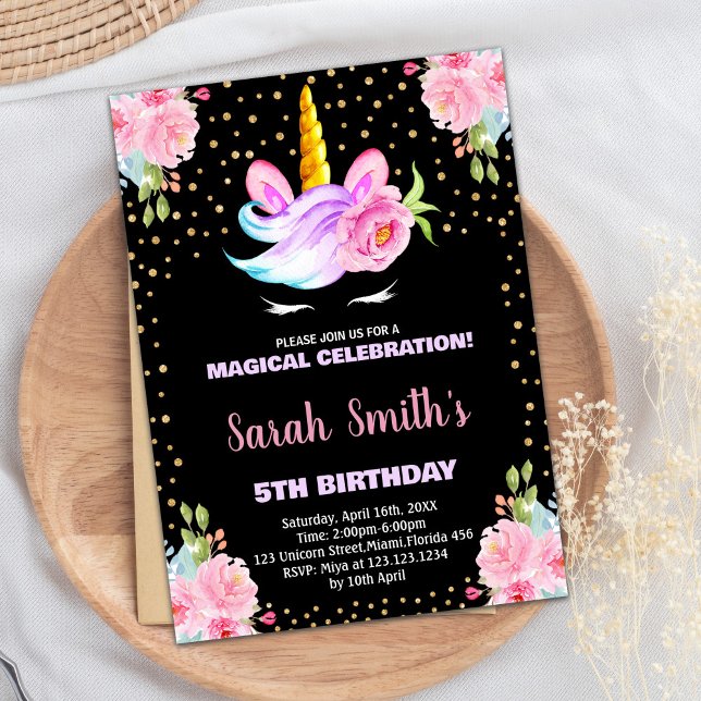 Rainbow Pink Black Unicorn Einladung zum Geburtsta (Rainbow Pink Black Unicorn Birthday Invitations)