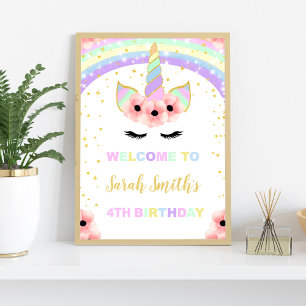 Rainbow Pink Floral Unicorn Begrüßungszeichen Poster