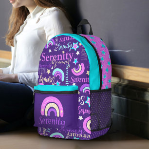 Rainbow Pink lila Aqua Stars Name Serenity Bedruckter Rucksack
