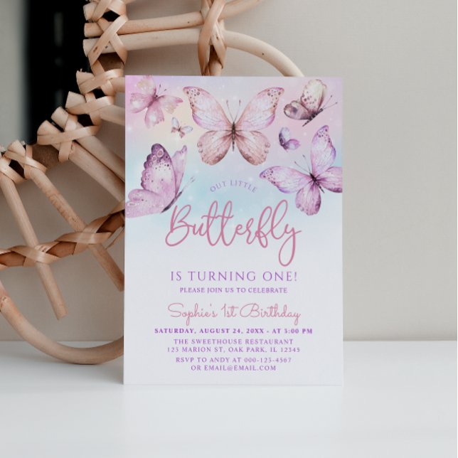 Rainbow Pink Lila Girl Butterfly 1 Geburtstag Einladung (Von Creator hochgeladen)