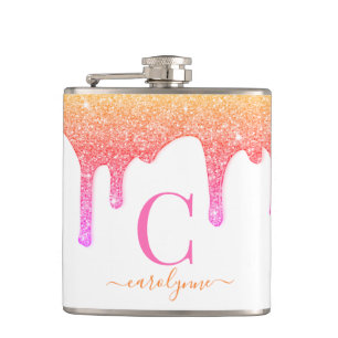 Rainbow Pink Peach Sparkone Glitzer Tropfen Monogr Flachmann