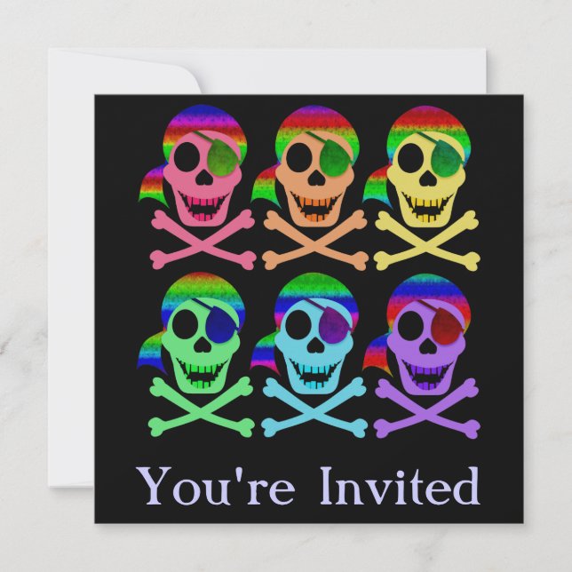 Rainbow Pirate Skulls Einladungen (Vorderseite)