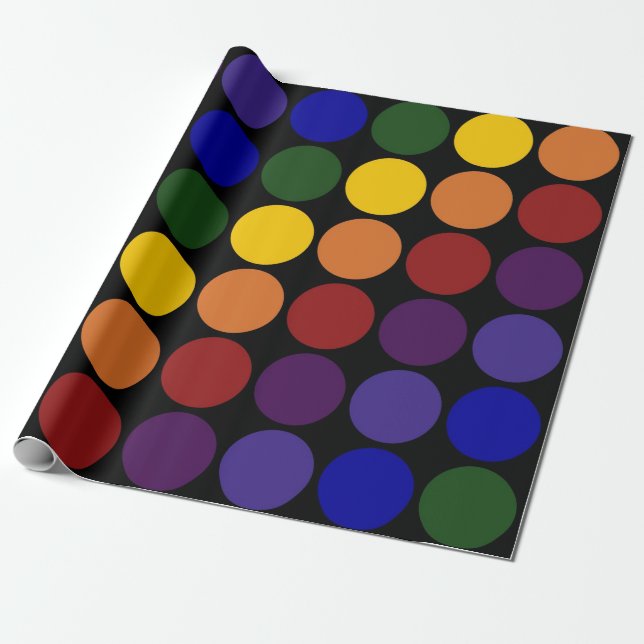 Rainbow Polka Dots auf Schwarz Geschenkpapier (Ungerollt)