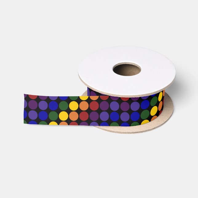 Rainbow Polka Dots auf Schwarz Satinband (Spule)