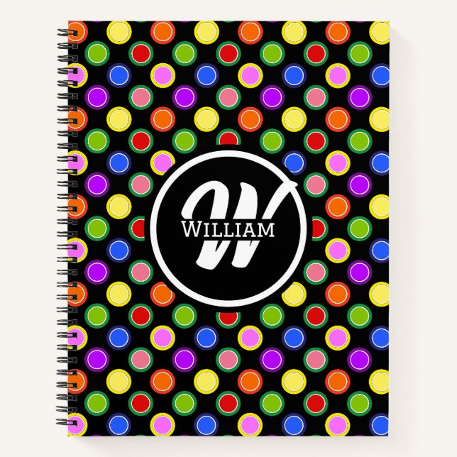 Rainbow Polka Dots Jelly Fruit Candy on Black Notizbuch (Vorderseite)