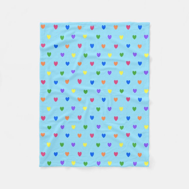 Rainbow-Polka-Herzen auf Babyblau Fleecedecke (Vorderseite)