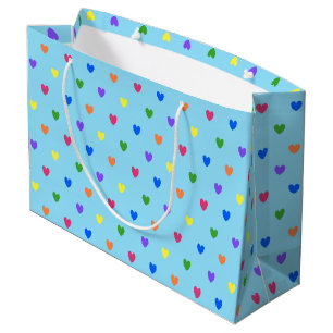 Rainbow-Polka-Herzen auf Babyblau Große Geschenktüte
