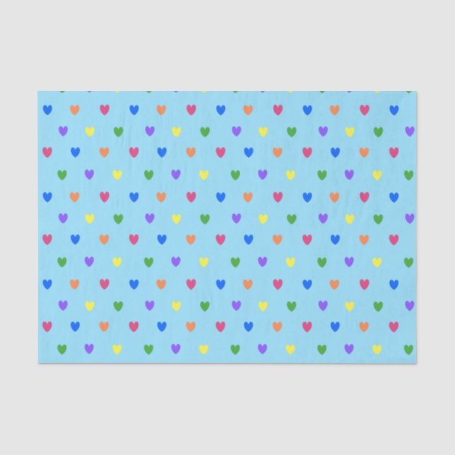 Rainbow-Polka-Herzen auf Babyblau Seidenpapier (Vorderseite)