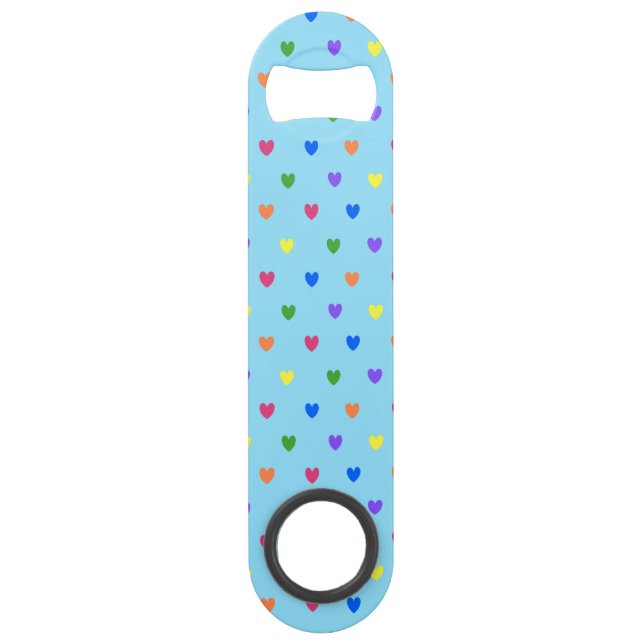 Rainbow-Polka-Herzen auf Babyblau Speed Flaschenöffner (Vorderseite)