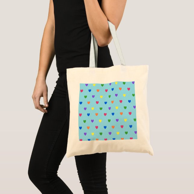 Rainbow-Polka-Herzen auf Babyblau Tragetasche (Vorderseite (Produkt))