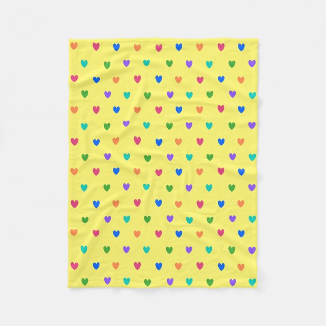 Rainbow-Polka-Herzen auf Gelb Fleecedecke (Vorderseite)