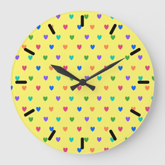 Rainbow-Polka-Herzen auf Gelb Große Wanduhr (Vorderseite)