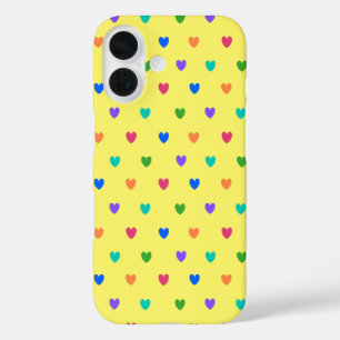 Rainbow-Polka-Herzen auf Gelb iPhone 16 Hülle