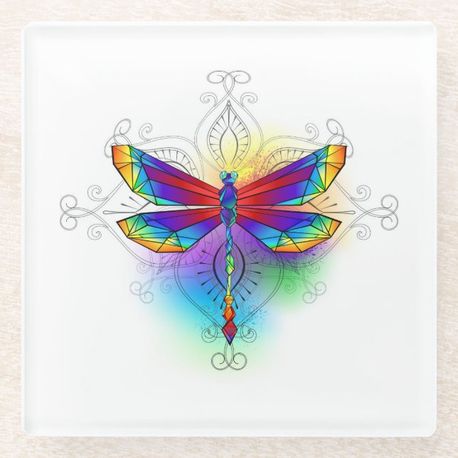 Rainbow Polygonal Dragonfly Glasuntersetzer (Vorderseite)