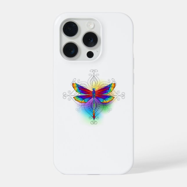 Rainbow Polygonal Dragonfly iPhone 15 Pro Hülle (Rückseite)