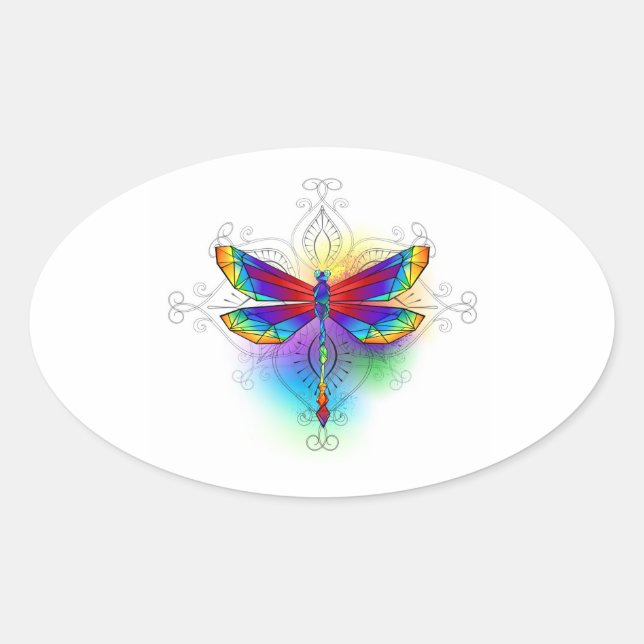 Rainbow Polygonal Dragonfly Ovaler Aufkleber (Vorderseite)