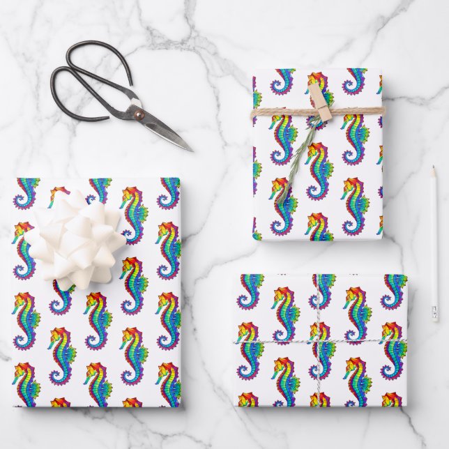 Rainbow Polygonal Seepferd Geschenkpapier Set (Vorderseite)