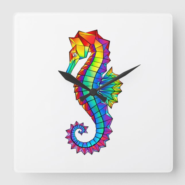 Rainbow Polygonal Seepferd Quadratische Wanduhr (Vorderseite)