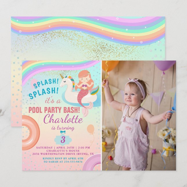 Rainbow Pool Party Unicorn Mermaid Birthday Foto Einladung (Vorne/Hinten)
