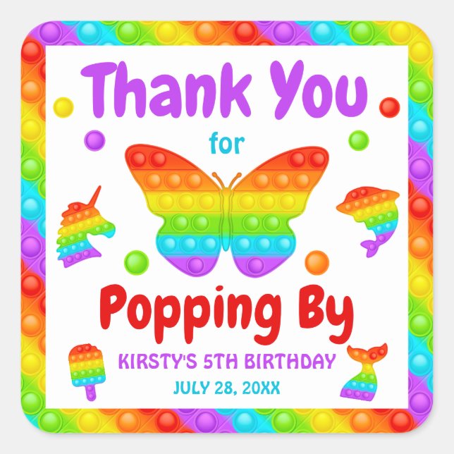 Rainbow Pop It Fidget Toy Birthday Party Quadratischer Aufkleber (Vorderseite)