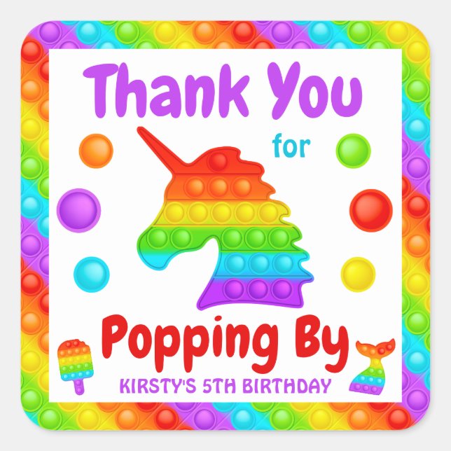 Rainbow Pop It Fidget Toy Birthday Party Quadratischer Aufkleber (Vorderseite)