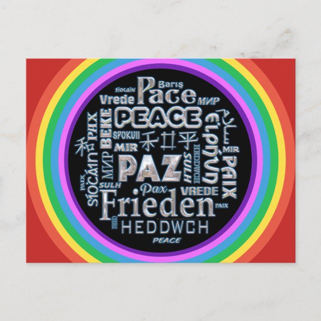 Rainbow Postcard Chrom Frieden in mehreren Sprache Postkarte (Vorderseite)