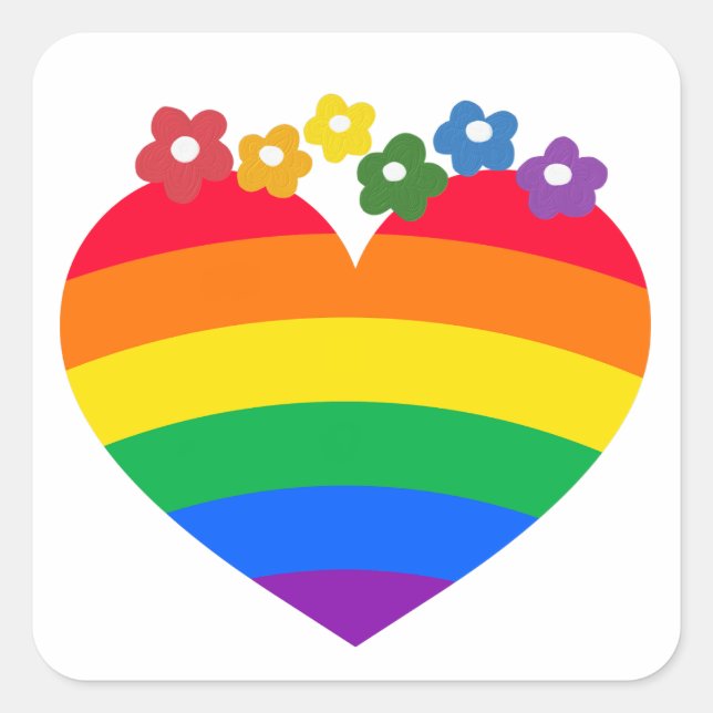 Rainbow Pride Heart mit Blume Quadratischer Aufkleber (Vorderseite)