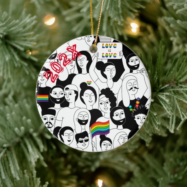 Rainbow Pride LGBTQIA+ Individuelle Name- Jahr Keramik Ornament (Baum)