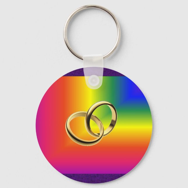 Rainbow Pride mit Gold Wedding Bands Schlüsselanhänger (Vorderseite)