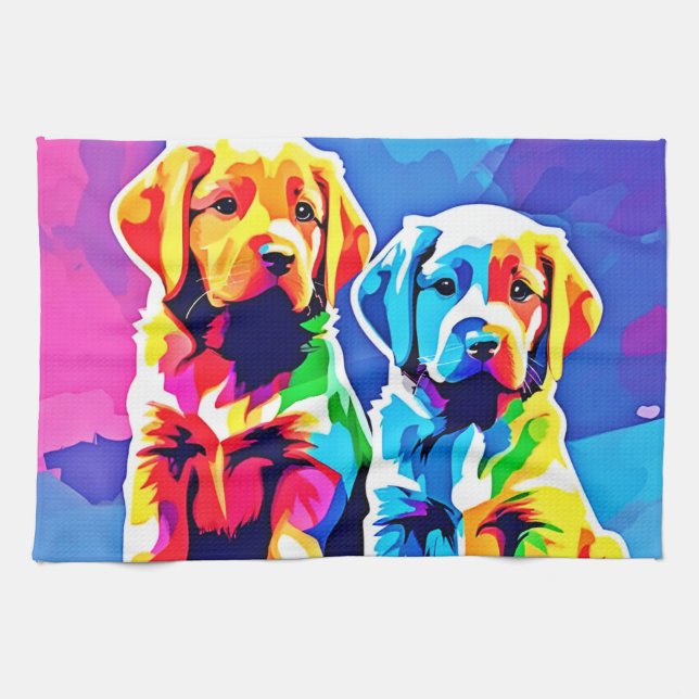 Rainbow Pups: Spielendes Duo Geschirrtuch (Horizontal)