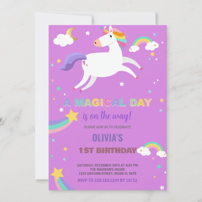 Rainbow Purple Fly Unicorn Invitations Anniversair (Devant)