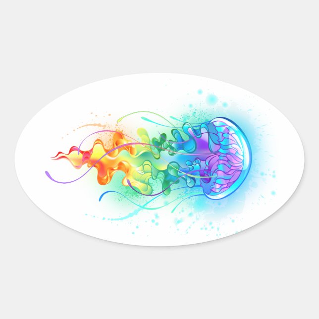 Rainbow-Qualle Ovaler Aufkleber (Vorderseite)