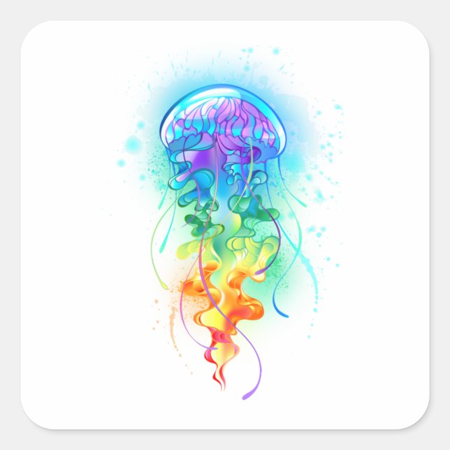 Rainbow-Qualle Quadratischer Aufkleber (Vorderseite)