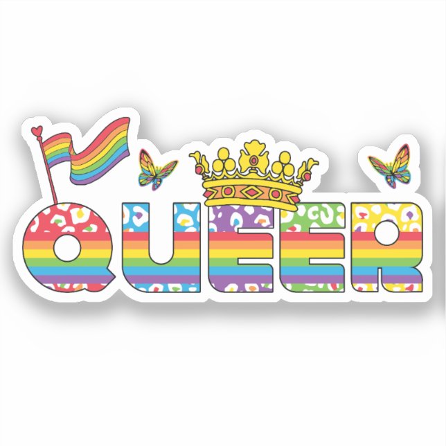 Rainbow Que Crown mit Flag und Schmetterlingen Aufkleber (Vorderseite)