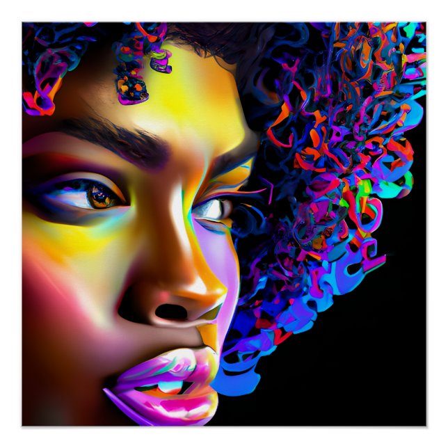 Rainbow Queen Glow Hair Black Melanin Afro Poster (Vorderseite)