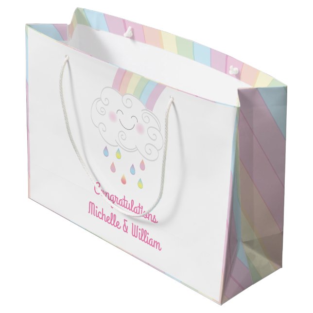 Rainbow Raindrop Kinderdusche Sprinkle Große Geschenktüte (Rückseite Schrägansicht)