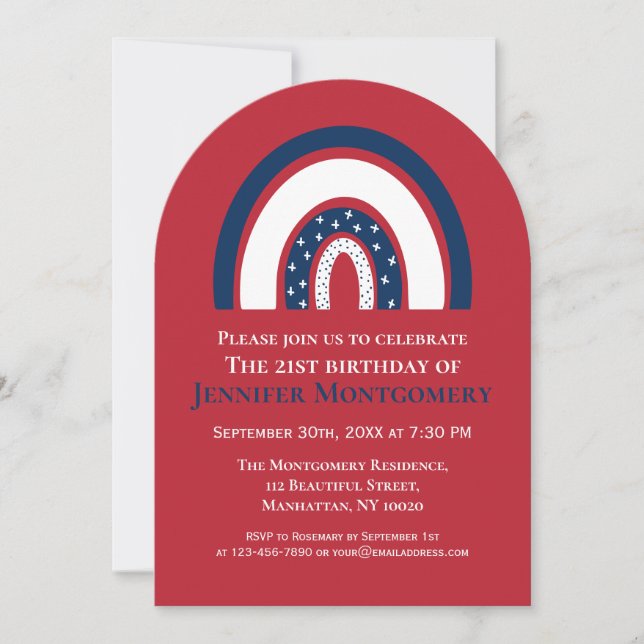 Rainbow Red White Blue 21. Geburtstag Party Einladung (Vorderseite)