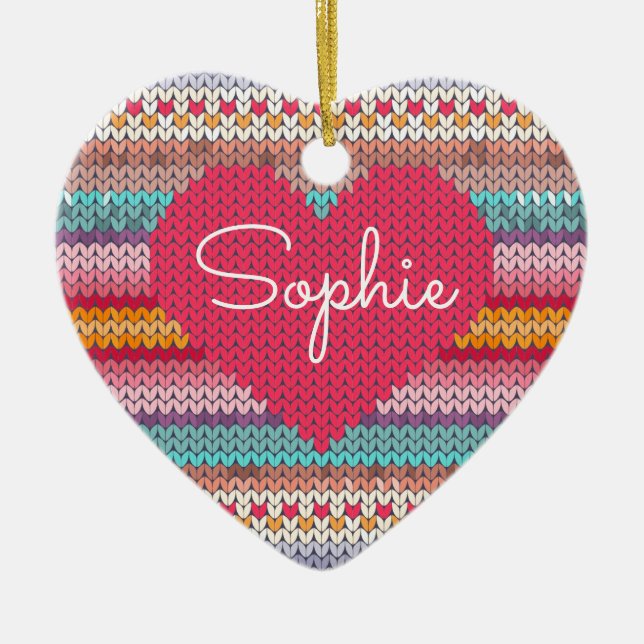 Rainbow-Retro-Herz Imitate Wolllein Strick Name Keramik Ornament (Vorne)